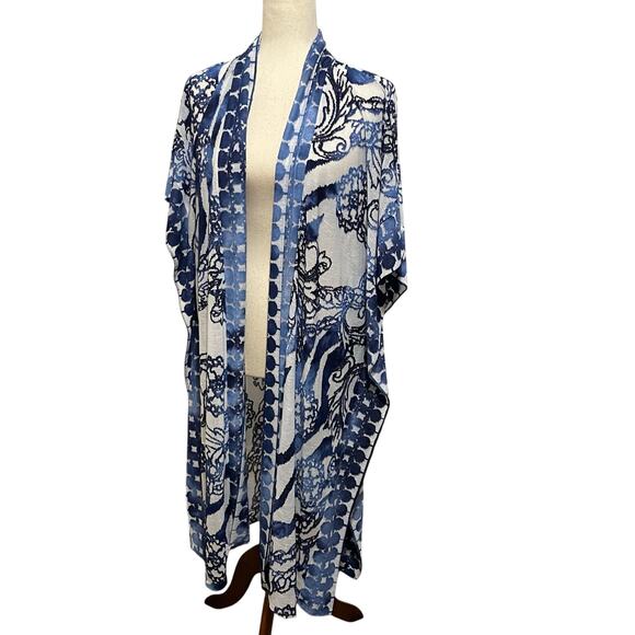 Chico’s Kimono Blue Filigree Burnout Ruana Wrap Women's Size S/M - Picture 1 of 15